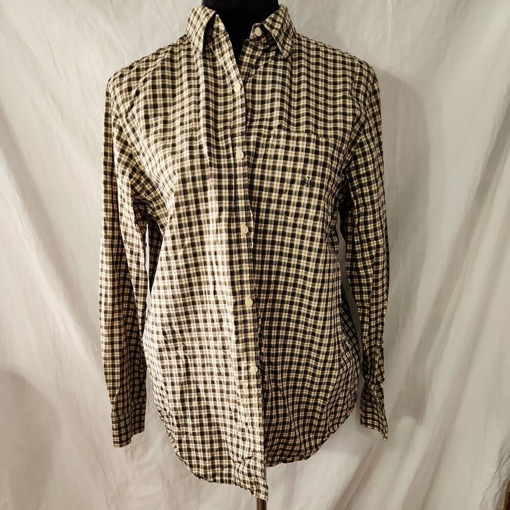 Lauren Ralph Lauren L 100% Cotton Plaid Lightweight Button Down Shirt Fall Color